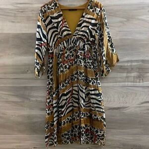Lola Womens Multicolor Animal Print Long Sleeve V Neck Silk Dress Size Small